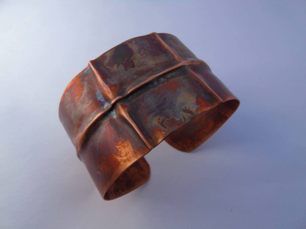 fold formed copper cuff bracelet from above
