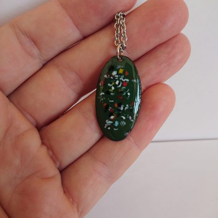 Enamelled copper necklace in green with coloured dots