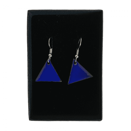 Enamelled copper earrings as blue triangles
