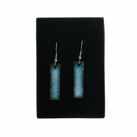 Overfired enamelled copper rectangle shaped earrings with allergy safe surgical steel hooks in their presentation box