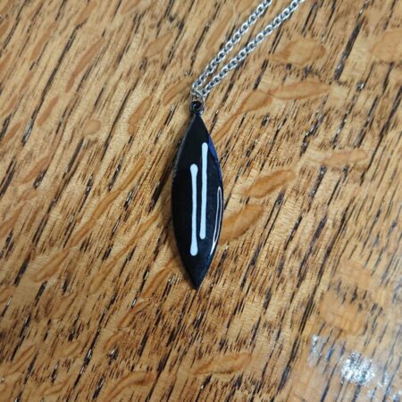Black with 2 white stripes enamelled copper necklace in a navette shape with a silver colour chain